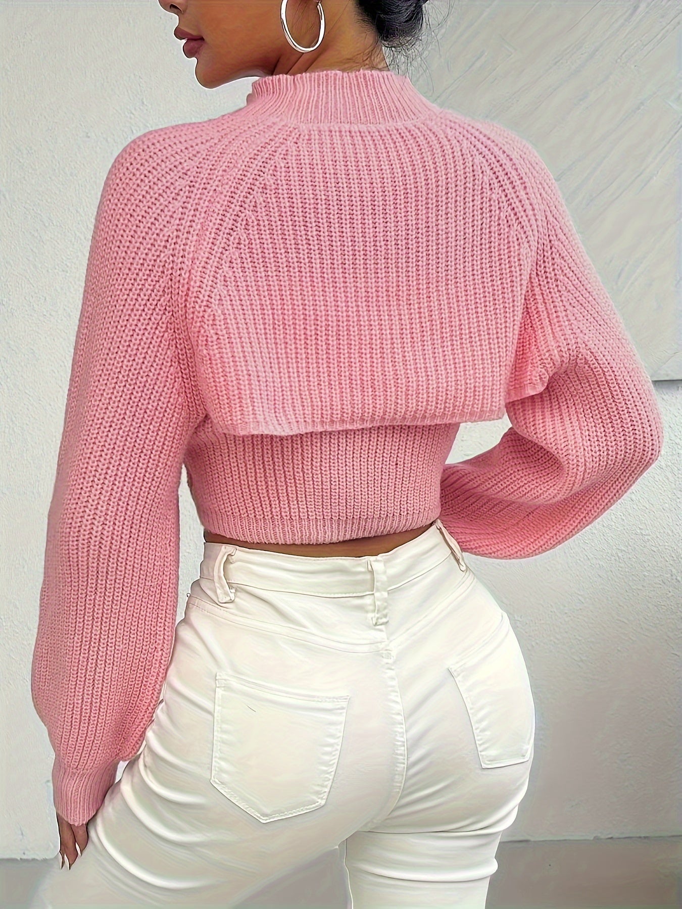Cherry Embroidered Tube Knit Top & Super Crop Shrug Sweater Set – 2PC Casual Outfit with Lantern Sleeves, Crew Neck, Soft Acrylic Blend